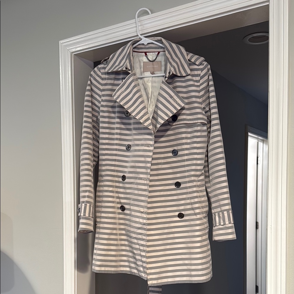 Banana Republic Gray and Cream Trench Coat with Nautical Stripes
